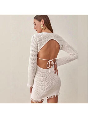 Reformation Cream Organic Cotton Open Back Fringe Knit Mini Dress Size S